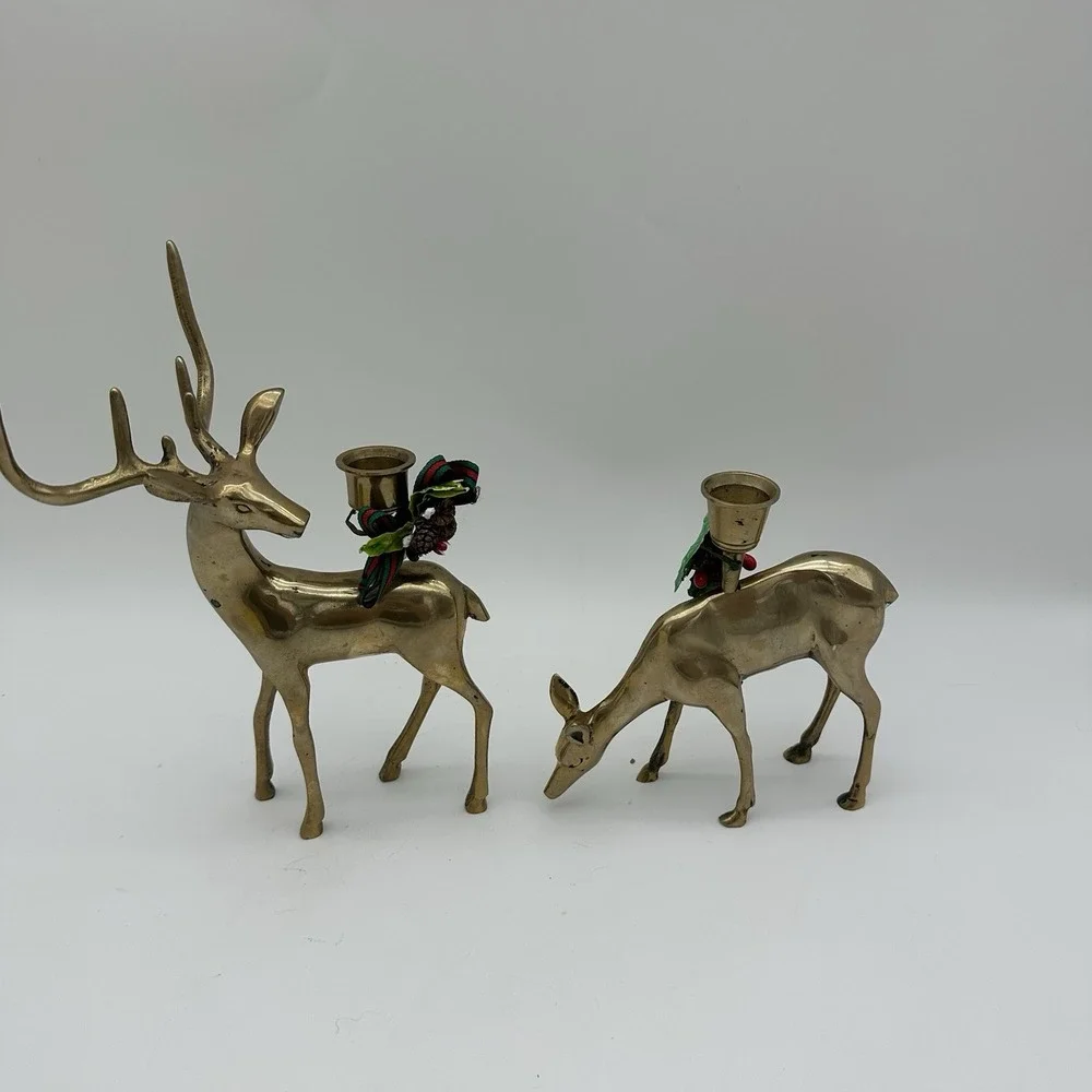2 Vintage Brass Reindeer Candle Sticks Holders Buck and Doe Set Large Antlers
